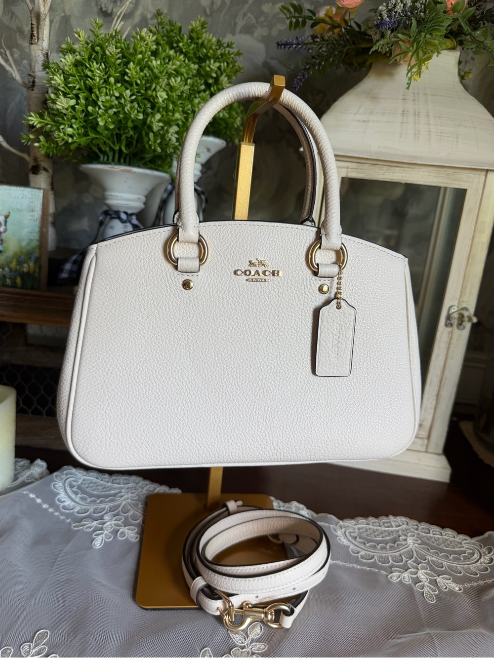 Coach Small Savannah Carryall Bag Chalk Leather Top Handle Satchel Purse